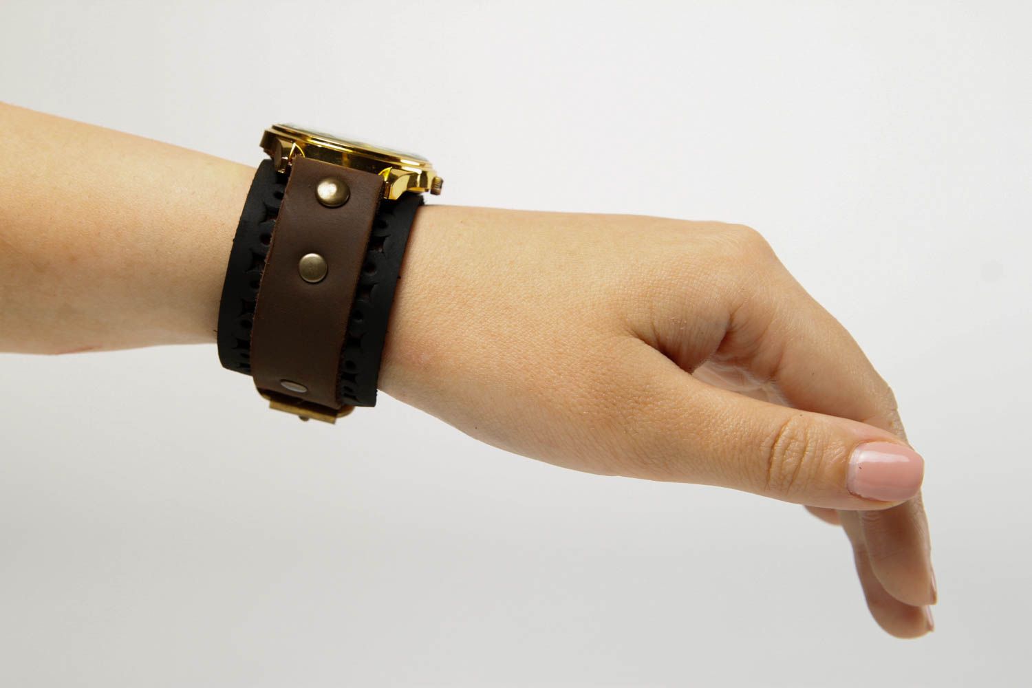 Wide leather bracelet handmade designer wrist bracelet leather accessory photo 2