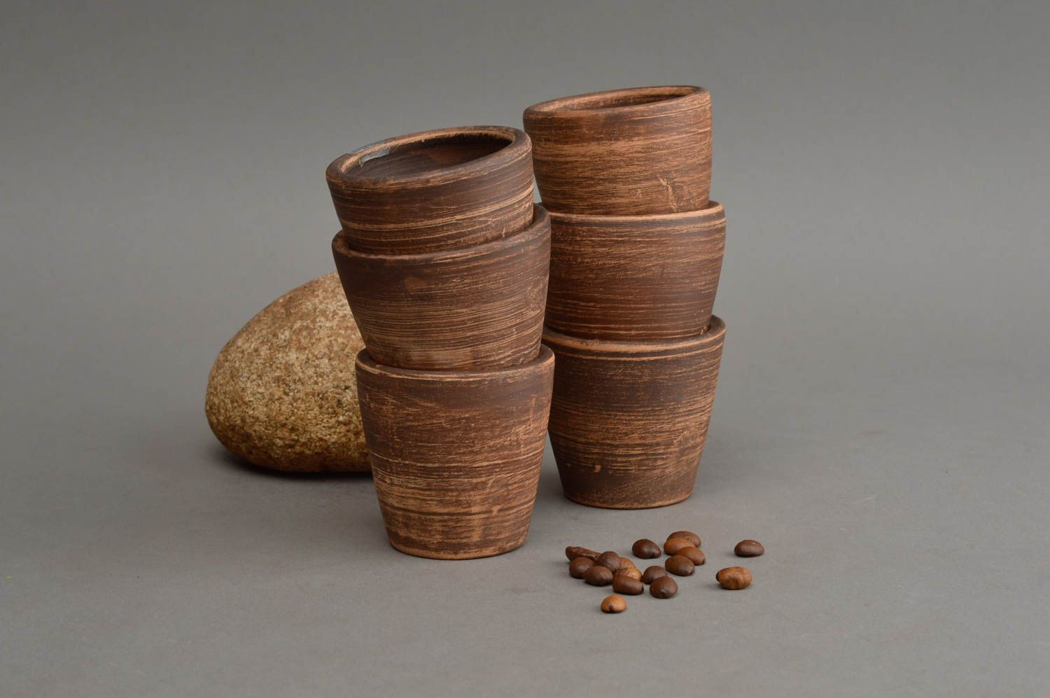 Set of 6 handmade ceramic small designer brown shot glasses in ethnic style photo 1