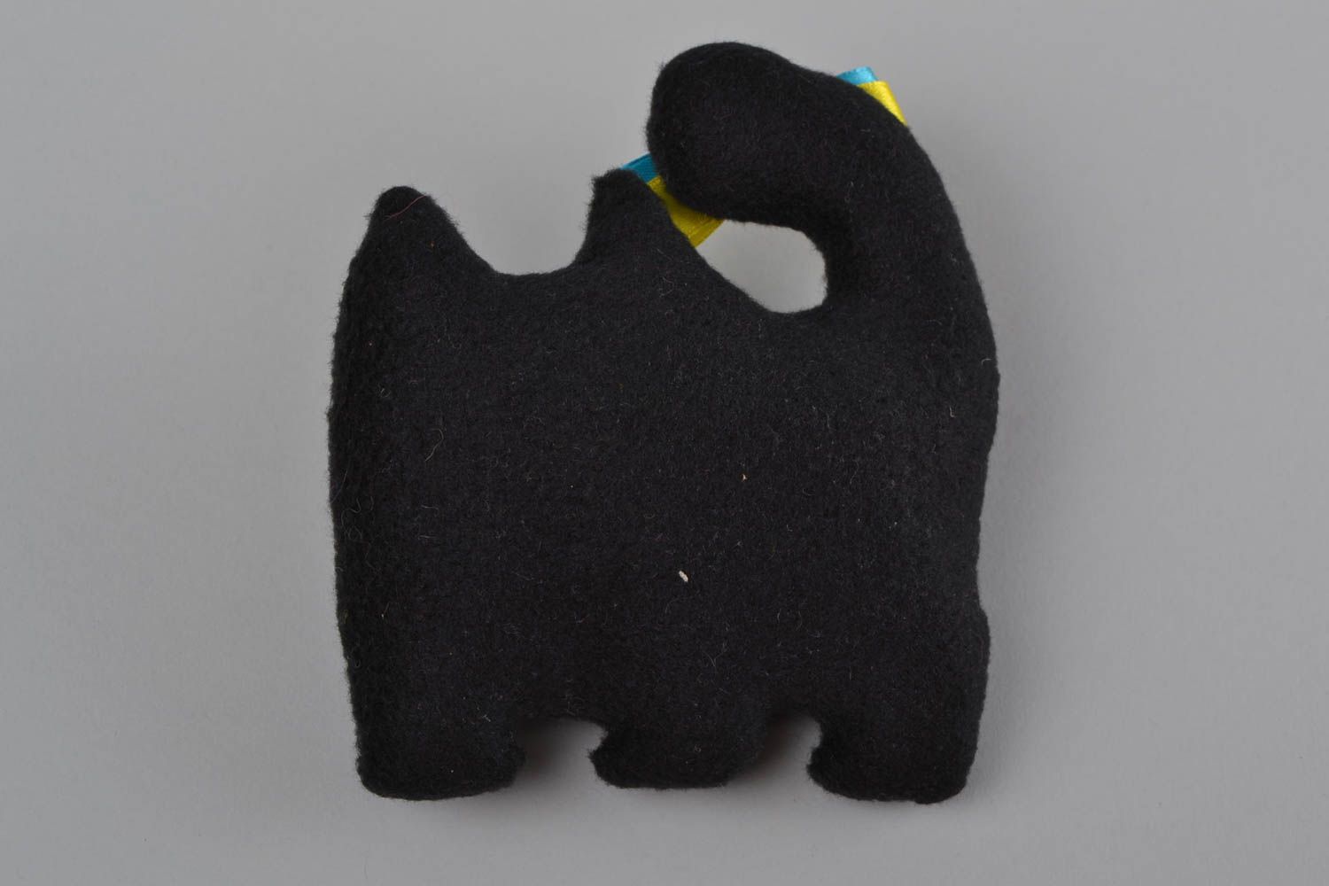 Handmade black soft toy cat made of fleece with colorful bow photo 5
