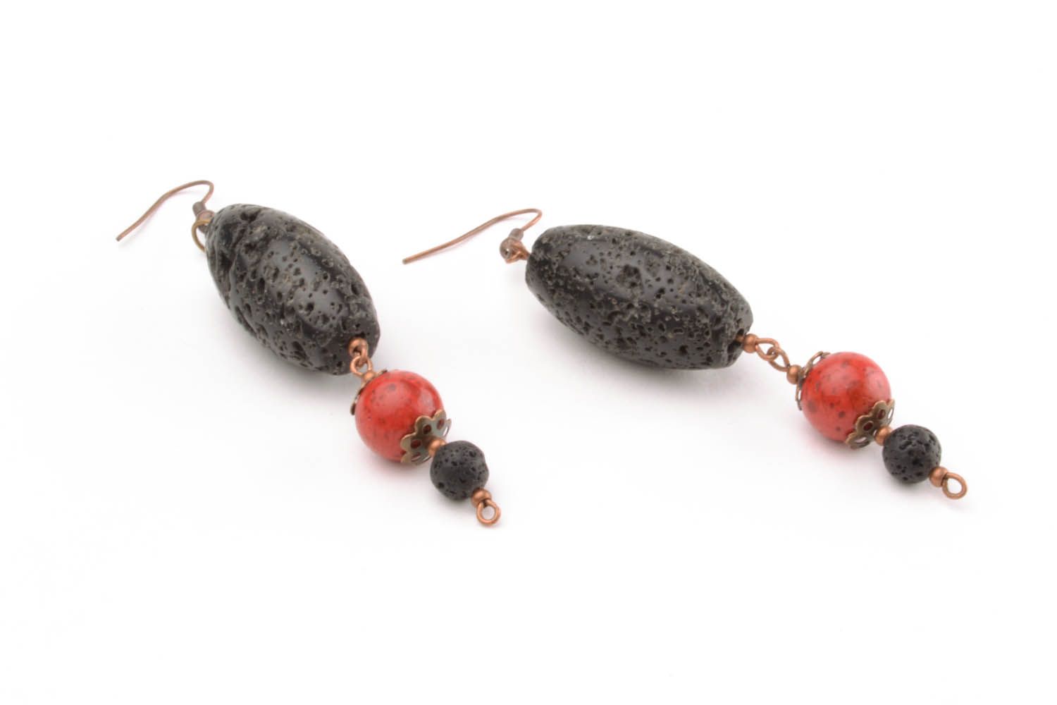 Pendant earrings with schungite and coral stones photo 4