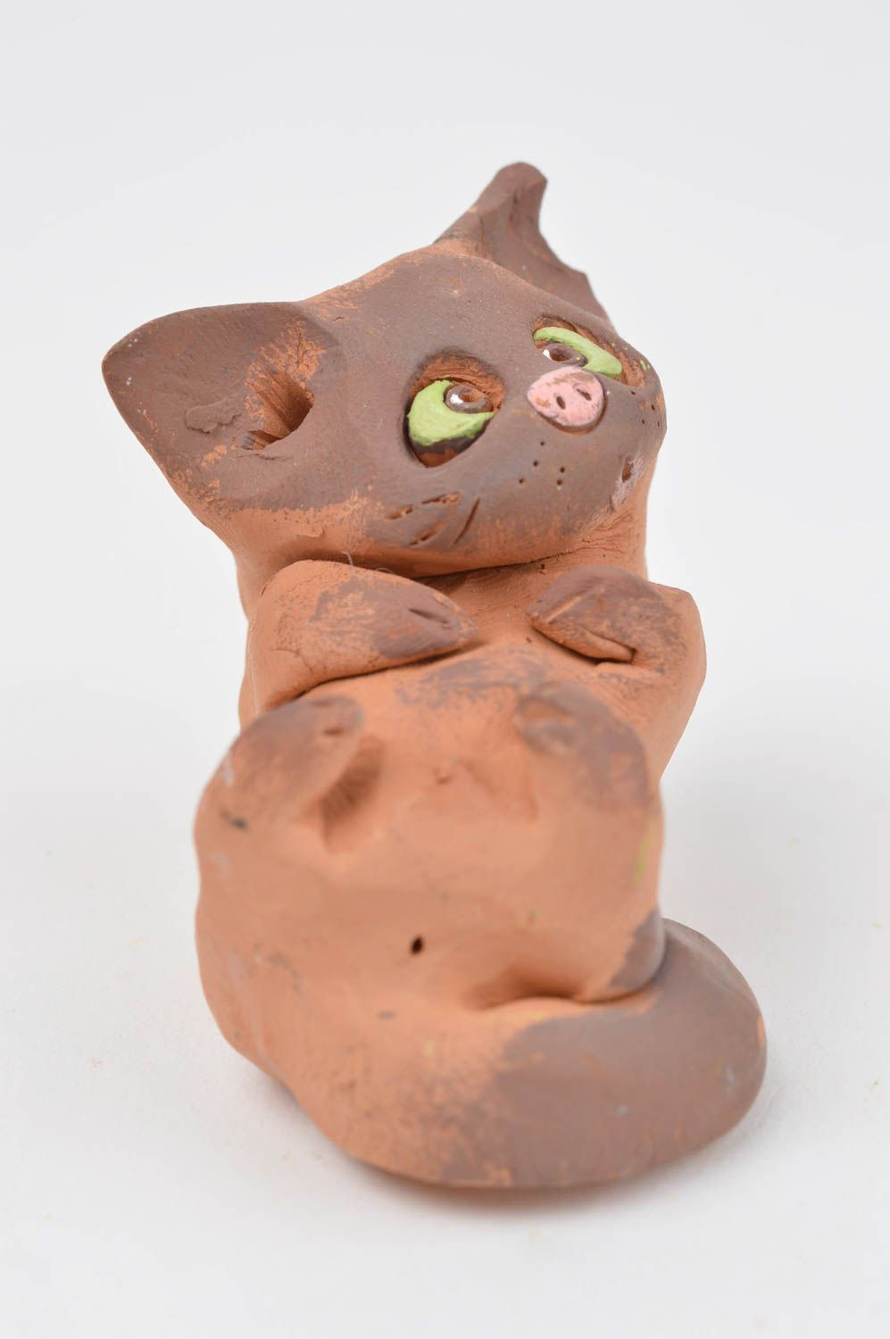 Figurine chat marron faite main Statuette déco céramique originale Petit cadeau photo 3