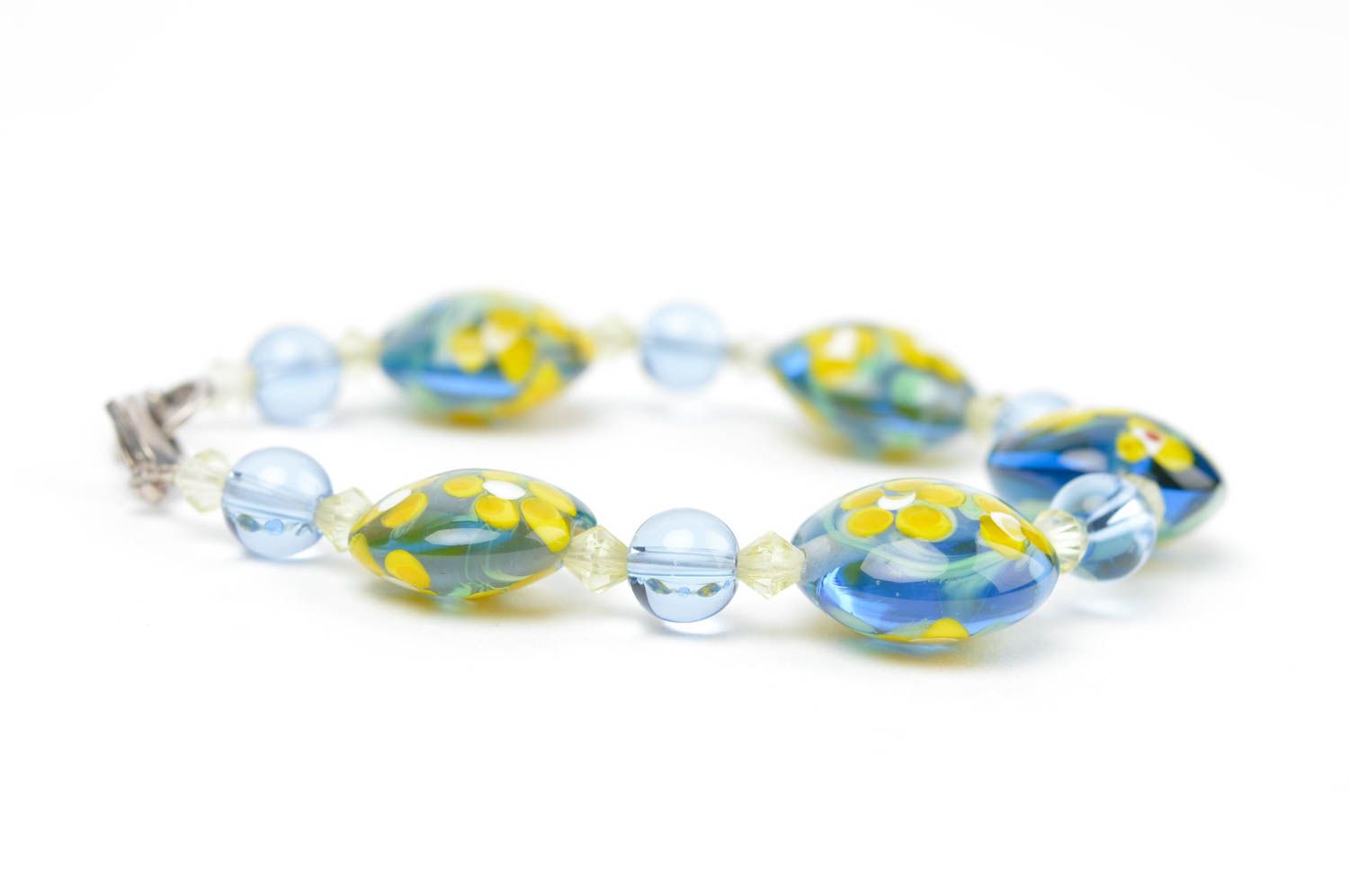 Handmade Blumen Armband Schmuck aus Glas Accessoire für Frauen blau gelb foto 2