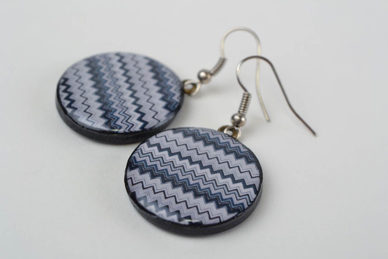 Handmade round polymer clay decoupage dangling earrings with pattern photo 4