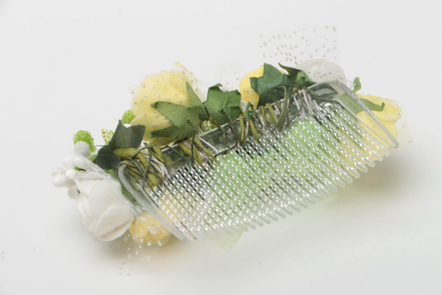 Peigne à cheveux avec fleurs vert-blanc-jaune fait main plastique original photo 4