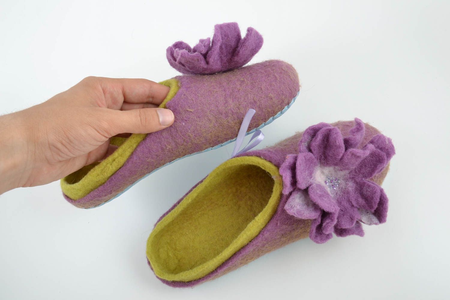 Beautiful homemade designer felted wool slippers with flower and leather sole photo 3