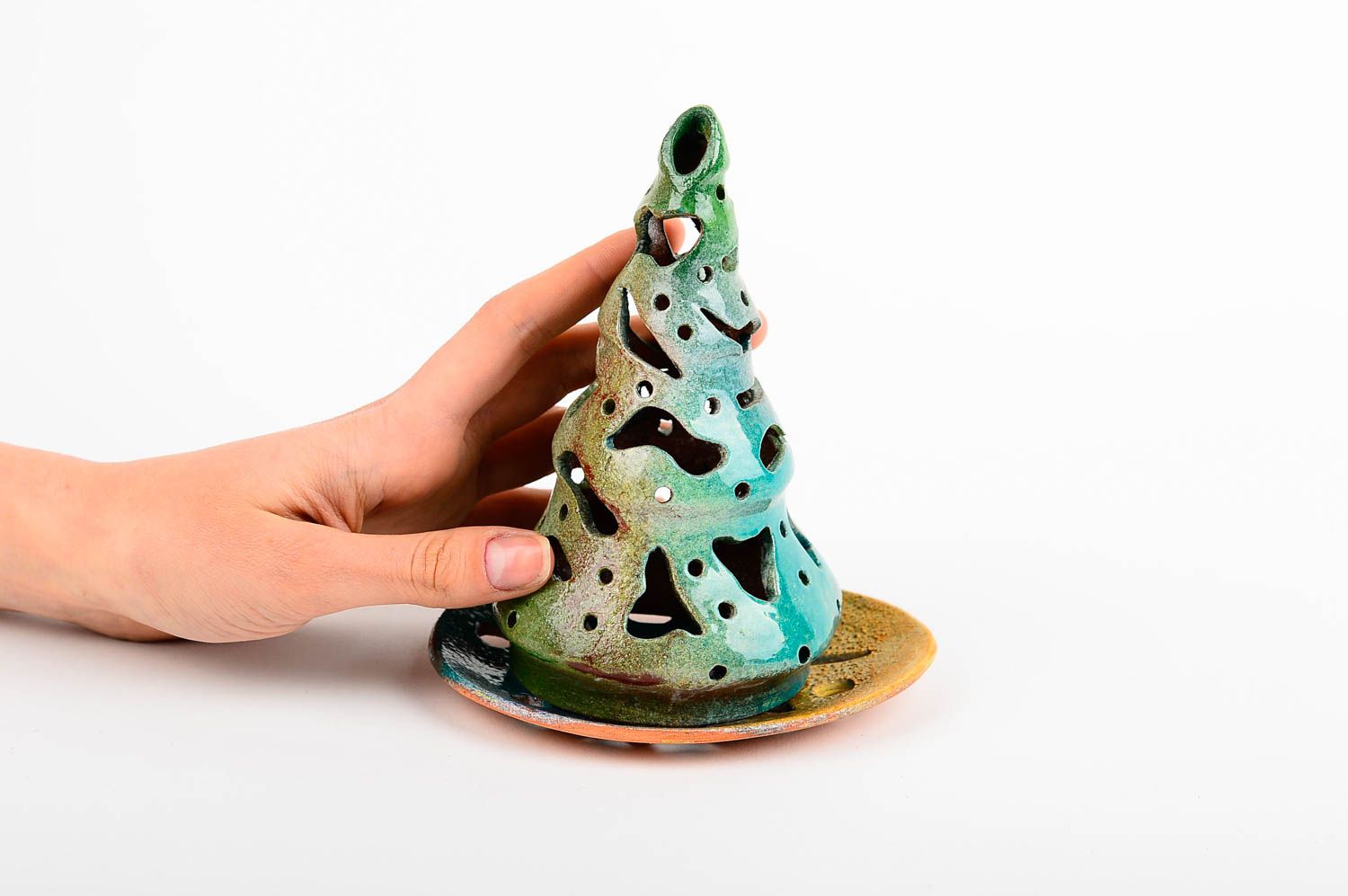 Handmade candle holder for tea light in the shape of Christmas tree 5,9 inches, 0,34 lb photo 2