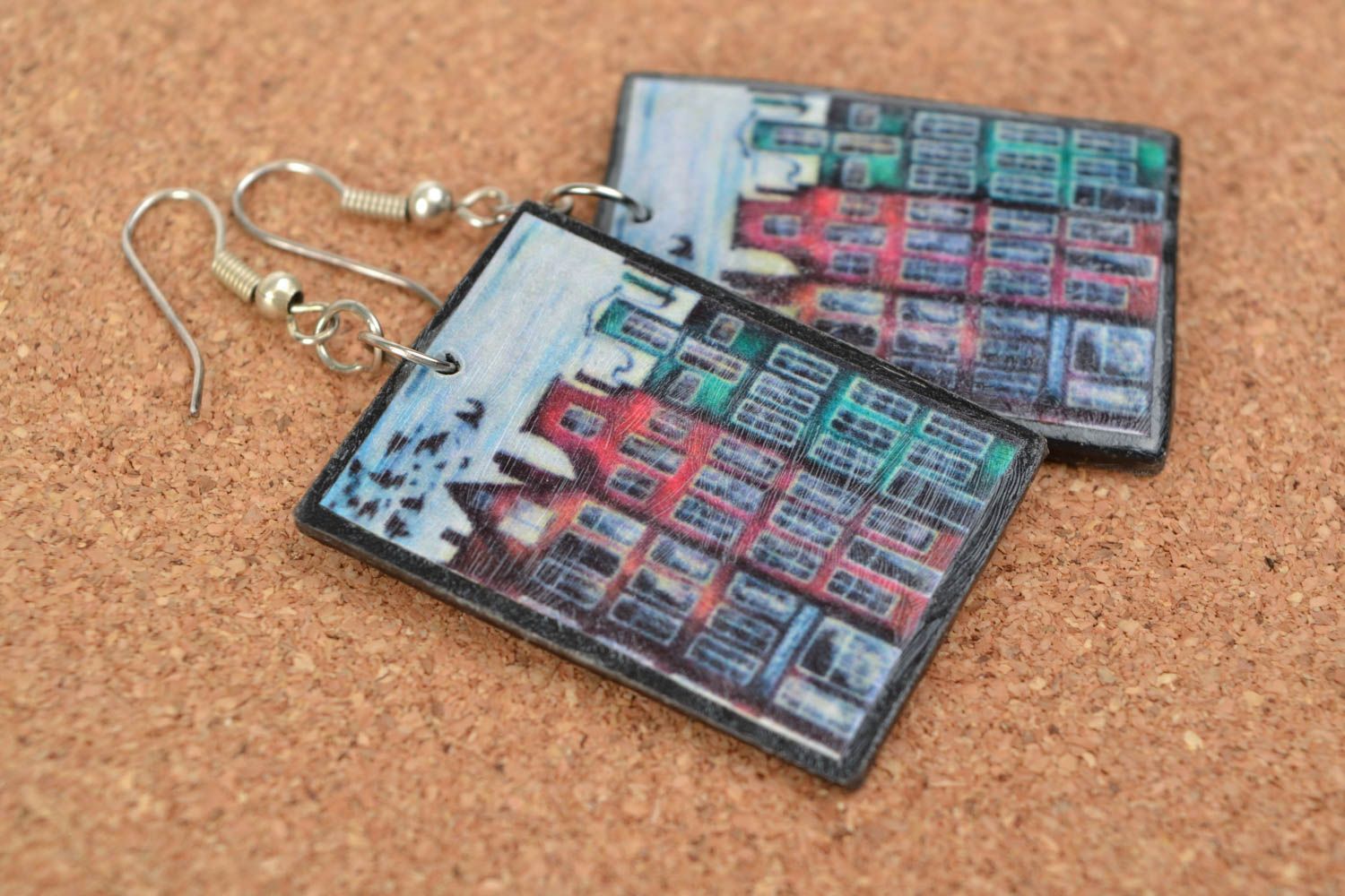 Handmade large earrings with charms made of polymer clay decorated with decoupage photo 1