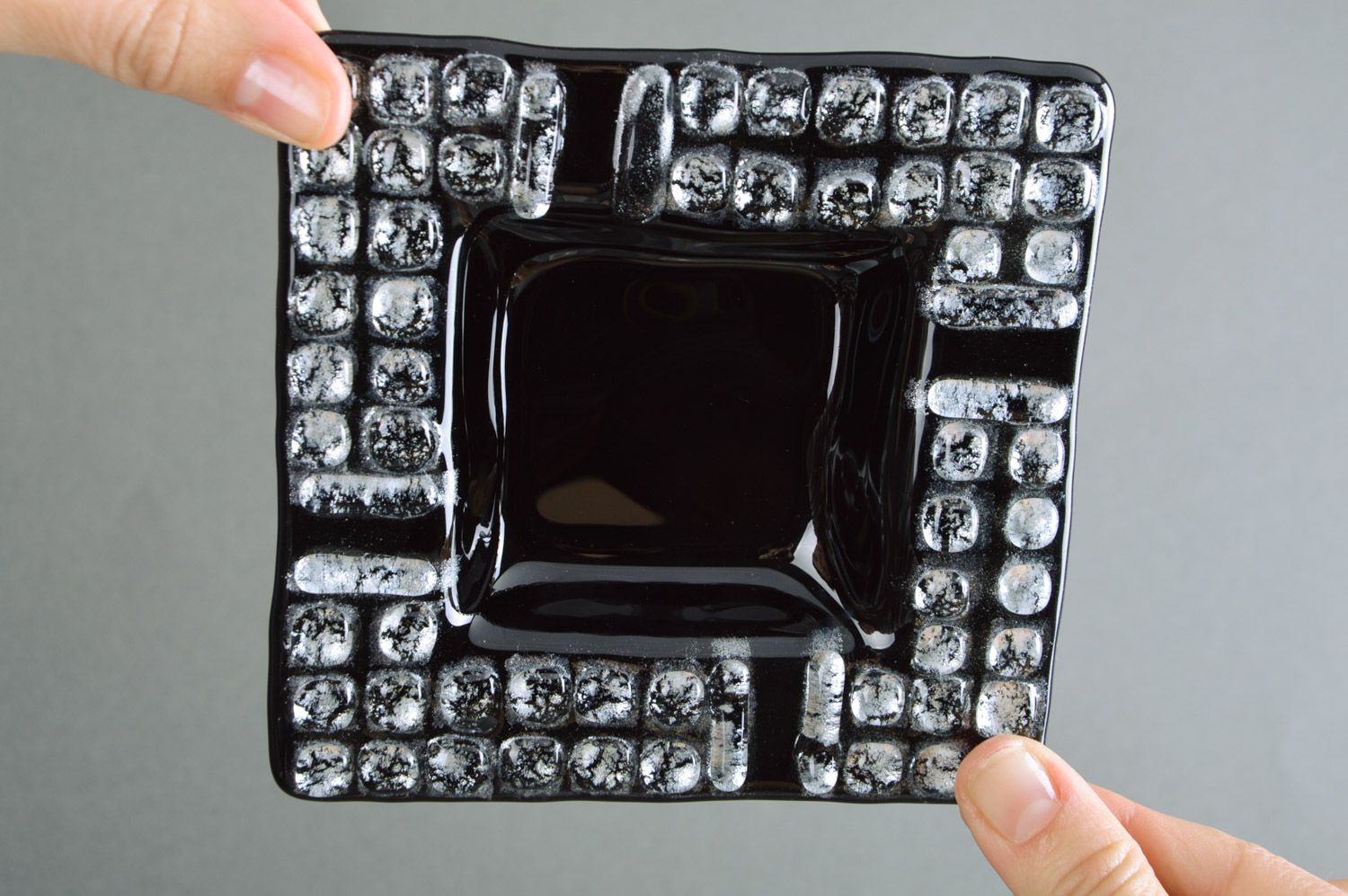 Handmade elegant decorative black fused glass ashtray with silver inserts photo 3