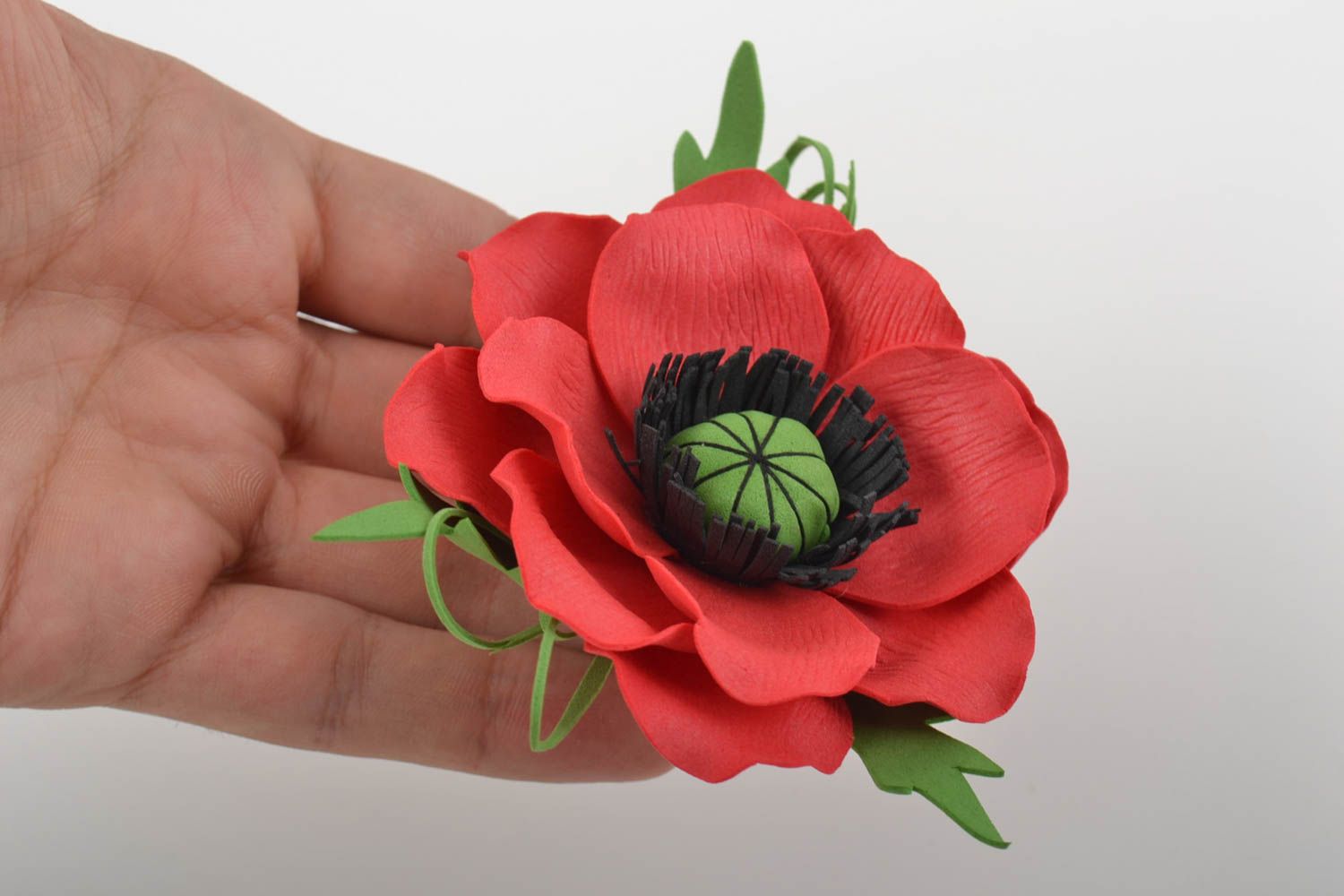 Handmade brooch in shape of foamiran flower red brooch in poppy form for girls  photo 10