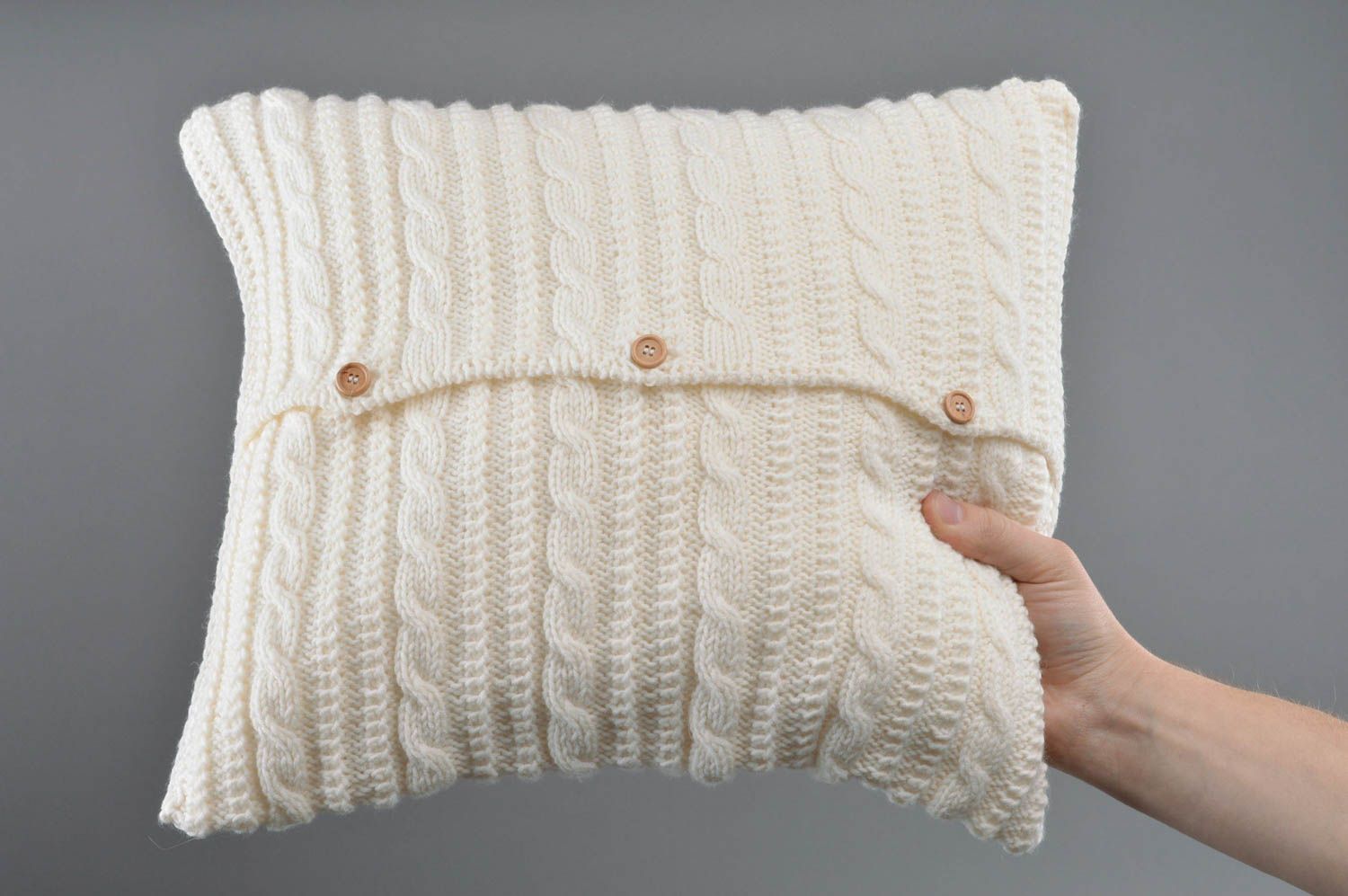 Beautiful squared handmade knitted soft accent pillow white with wooden buttons photo 4
