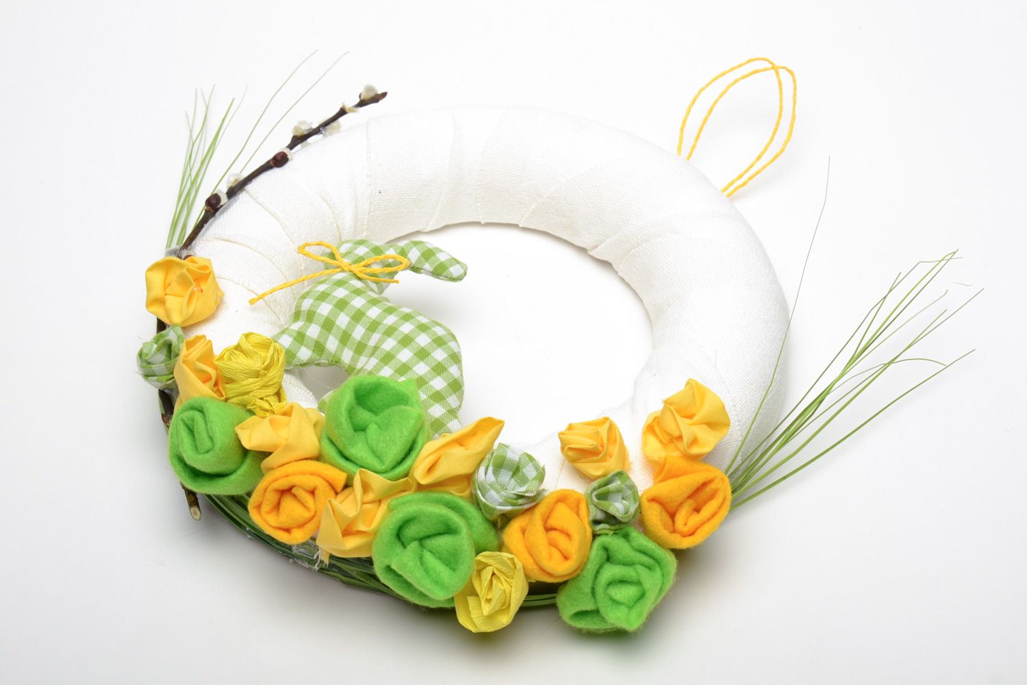 Handmade festive Easter door wreath made of fabric for decoration of interior photo 2