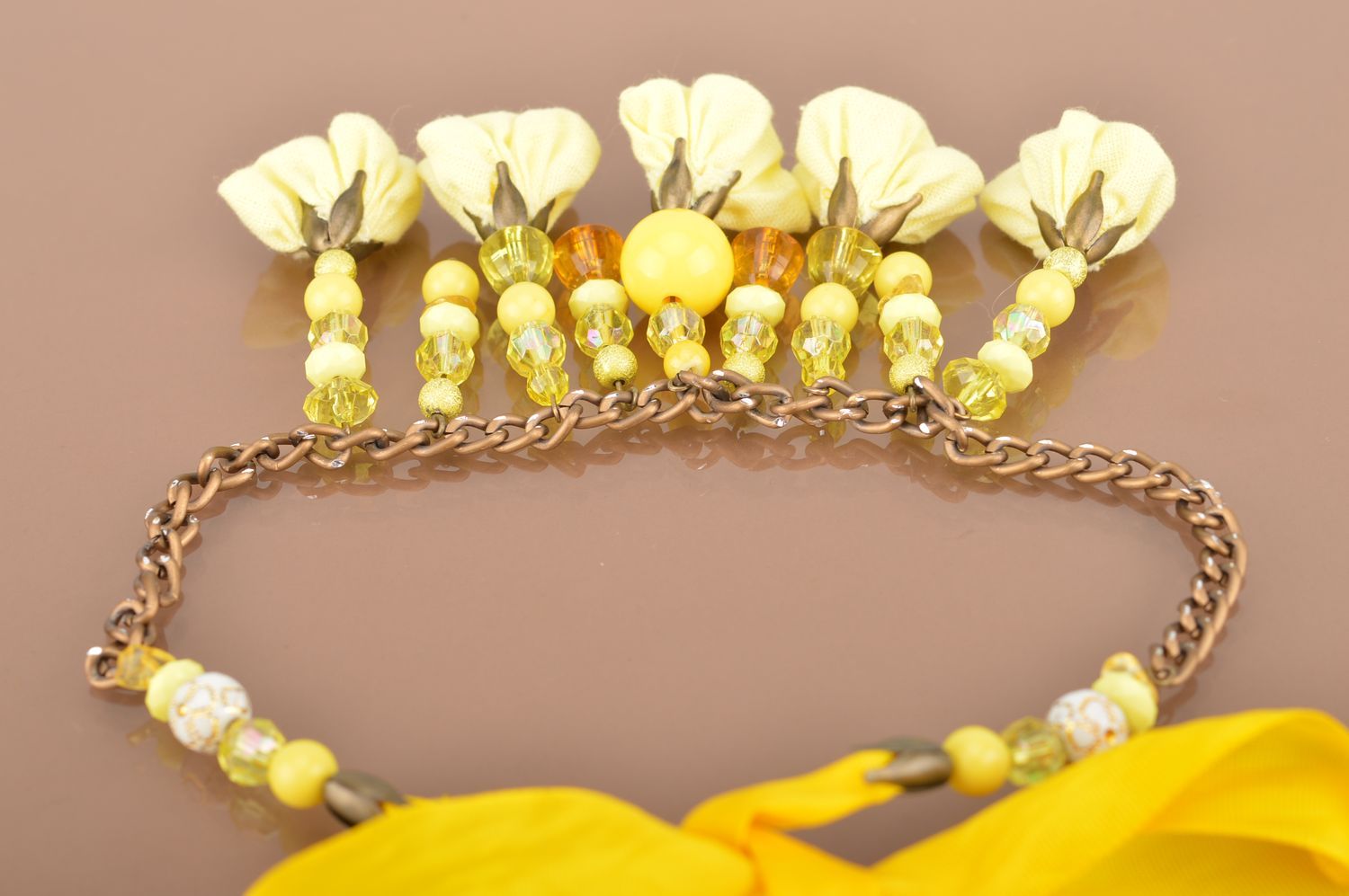 Set of handmade jewelry in yellow color necklace and earrings with feathers photo 3
