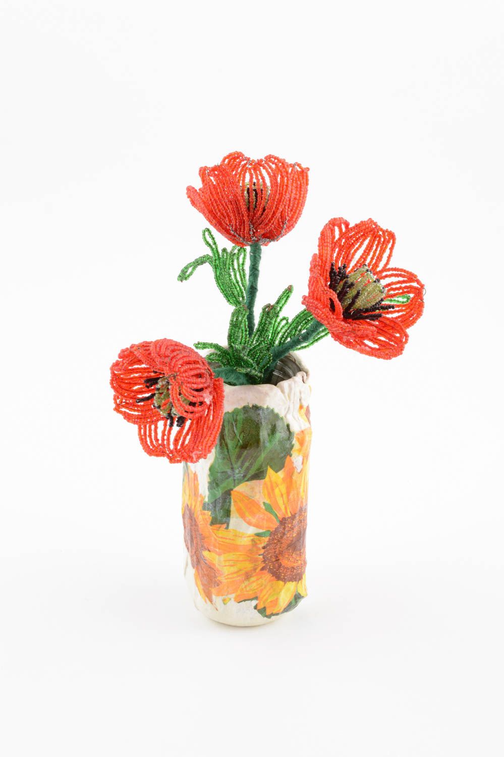 Оригинальная ваза с цветами из бисера ручной работы красивая букет маков фото 2