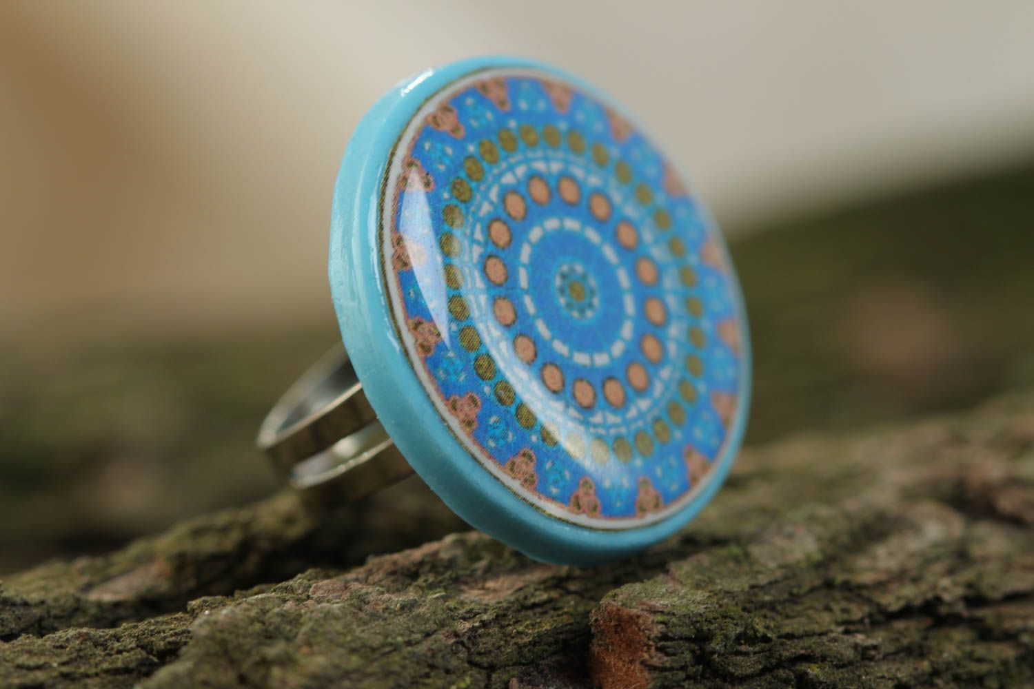 Handmade glass glaze ring made of polymer clay round blue accessory photo 1