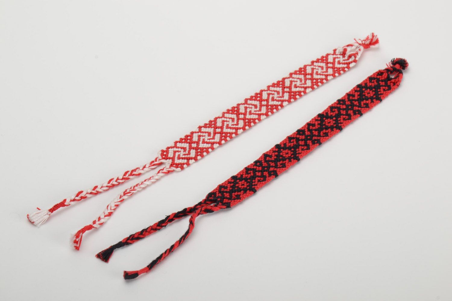 Set of 2 handmade friendship bracelets woven of red white and black threads  photo 2