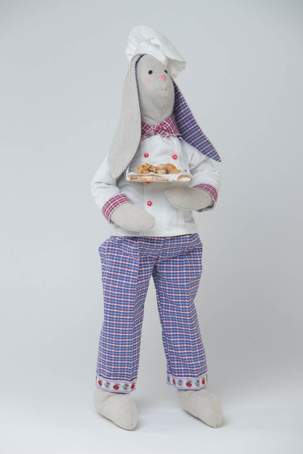 Handmade designer collectible cotton and linen fabric soft doll rabbit chef photo 2