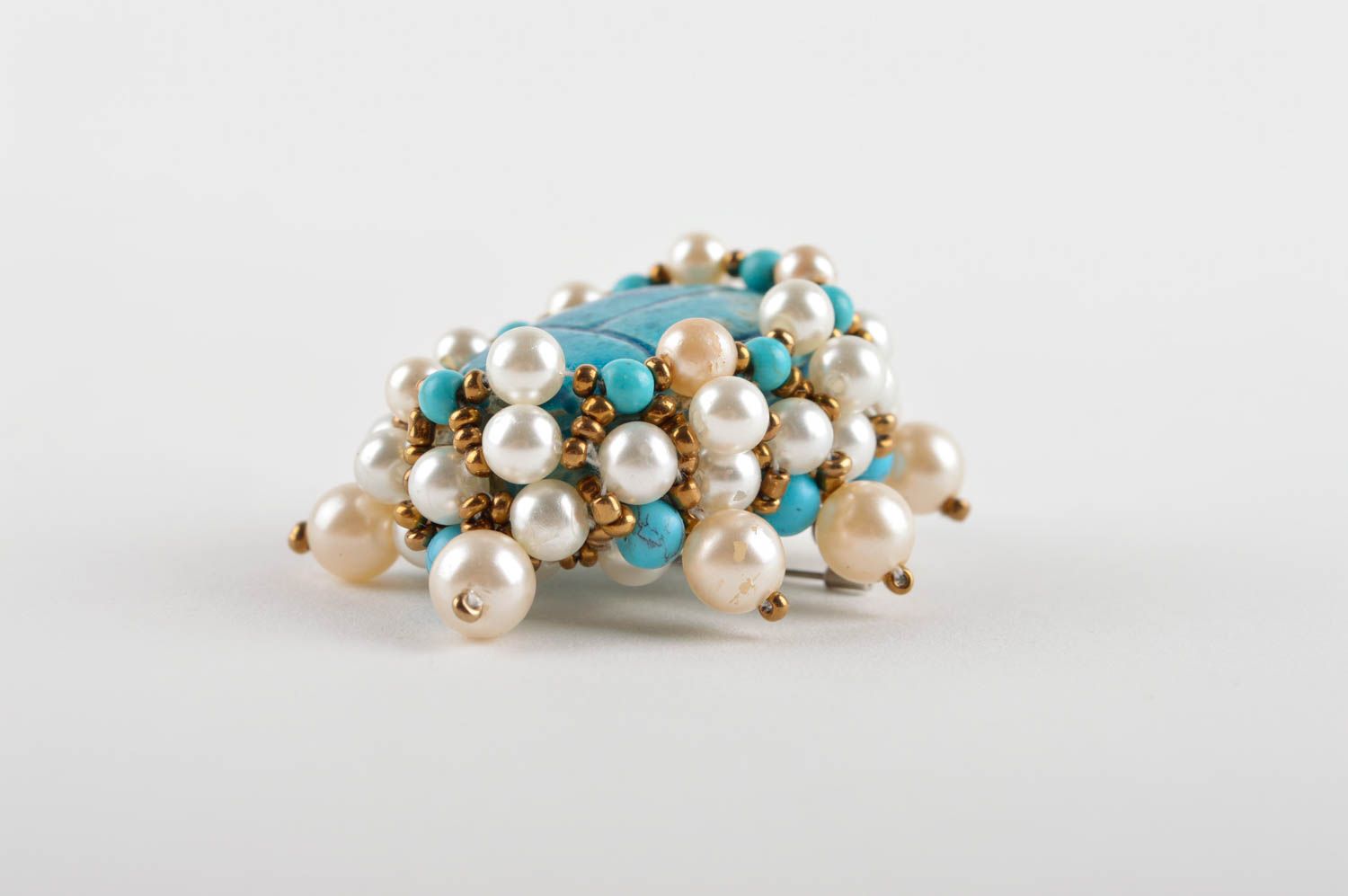 Broche fantaisie Bijou fait main ovale turquoise perles de rocaille Cadeau femme photo 3