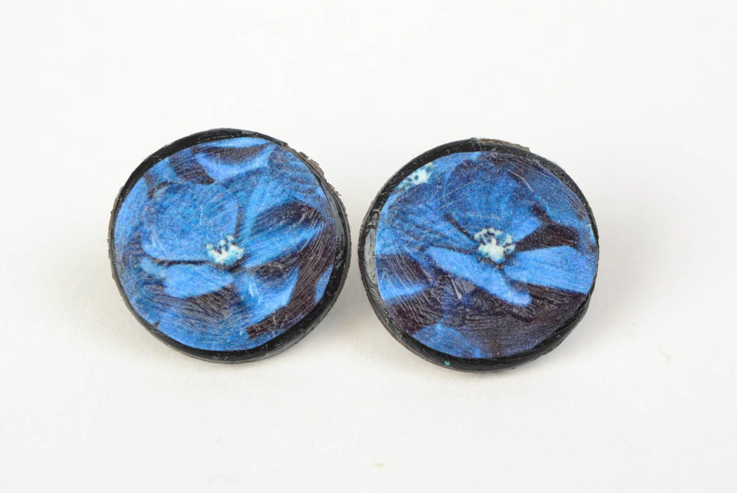 Handmade round polymer clay stud earrings with decoupage in blue color palette photo 1