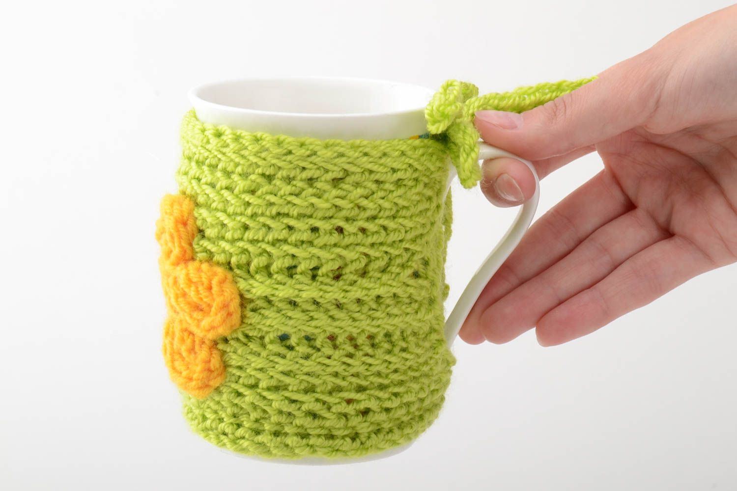 Mug avec housse tricotée verte avec fleur fait main cadeau original 30 cl photo 4