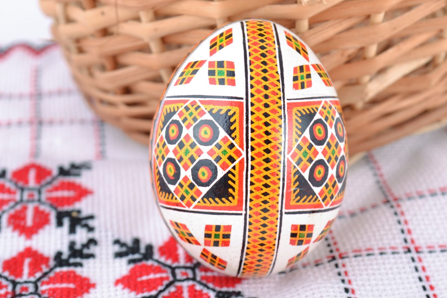 Bright painted Easter chicken egg with patterns of white background photo 1