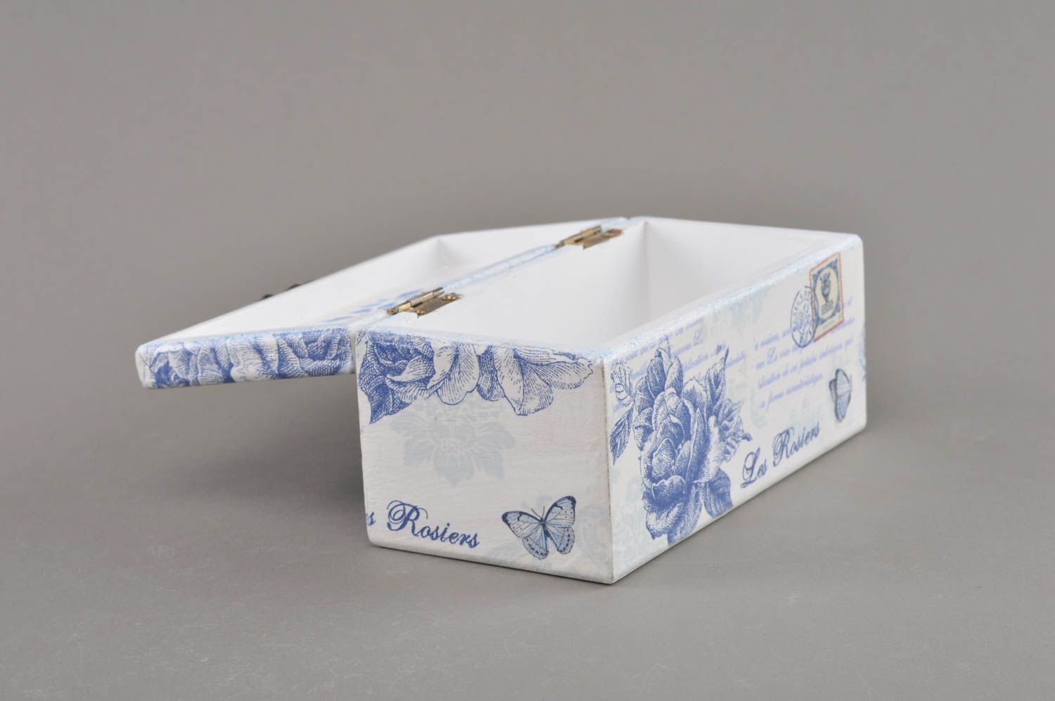 Handmade tall rectangular decorative decoupage wooden jewelry box white and blue photo 3