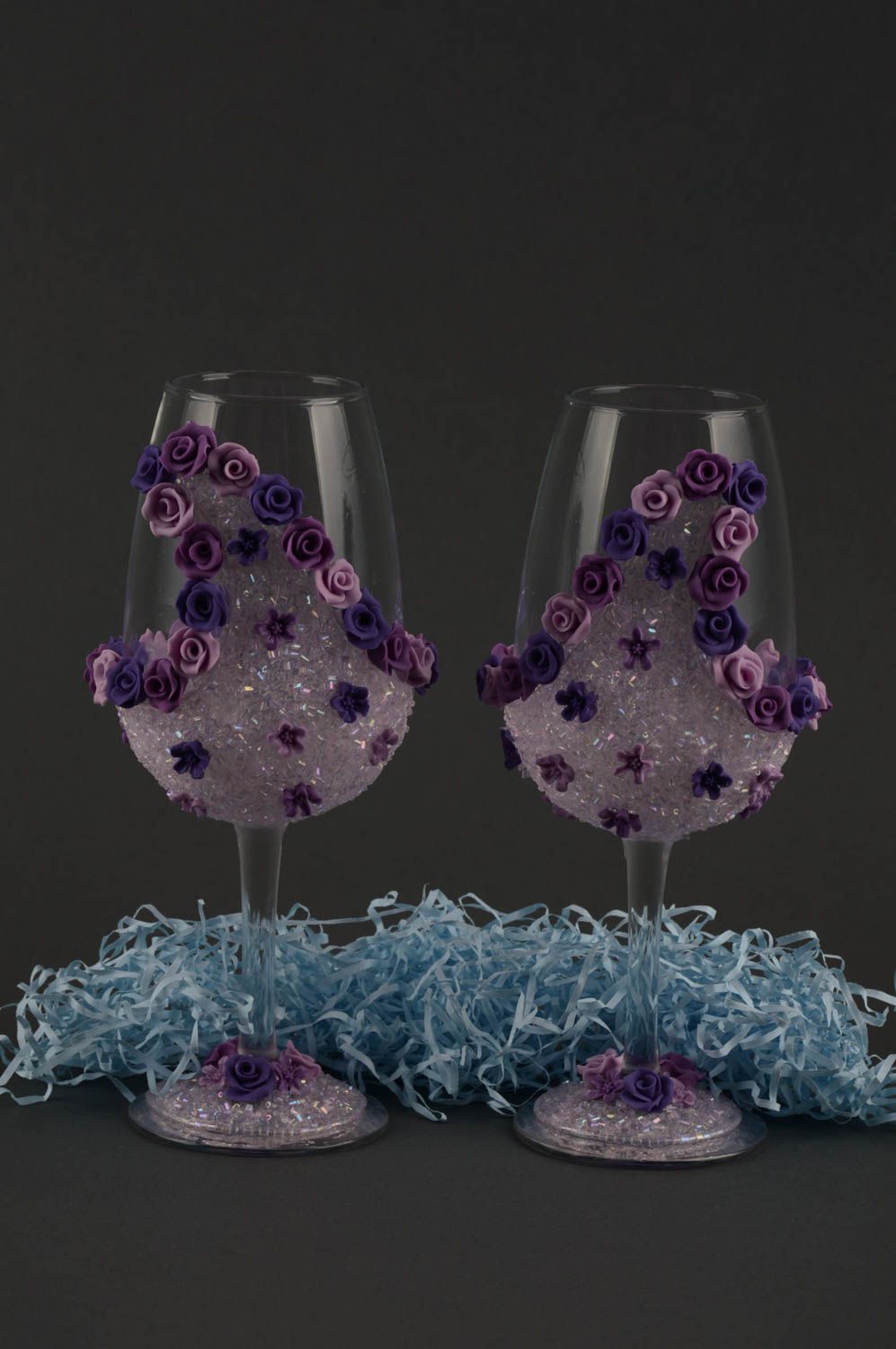 Verres à pied fait main Vaisselle en verre violets avec fleurs Idée cadeau 2 pcs photo 5