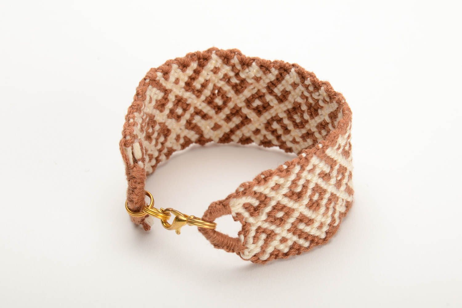 Handmade braided friendship bracelet made of floss thread white and brown photo 3