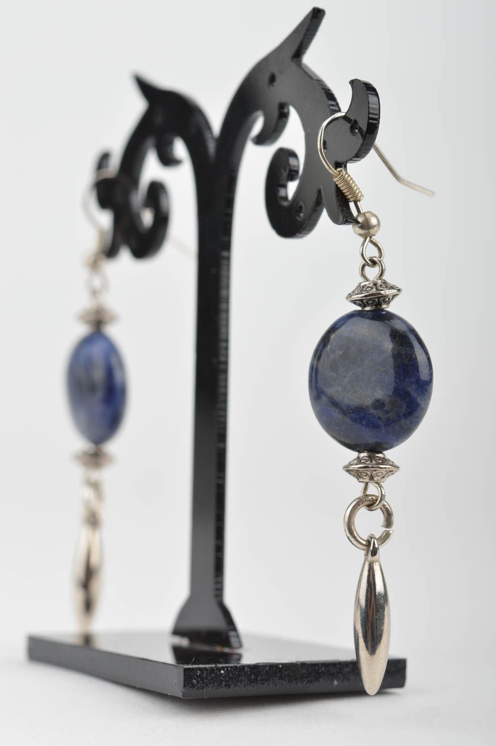 Beautiful homemade designer long metal earrings with blue beads photo 5