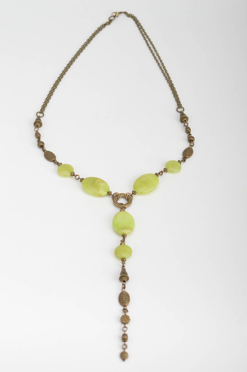 Unusual beautiful handcrafted metal necklace with beads of olive color photo 2
