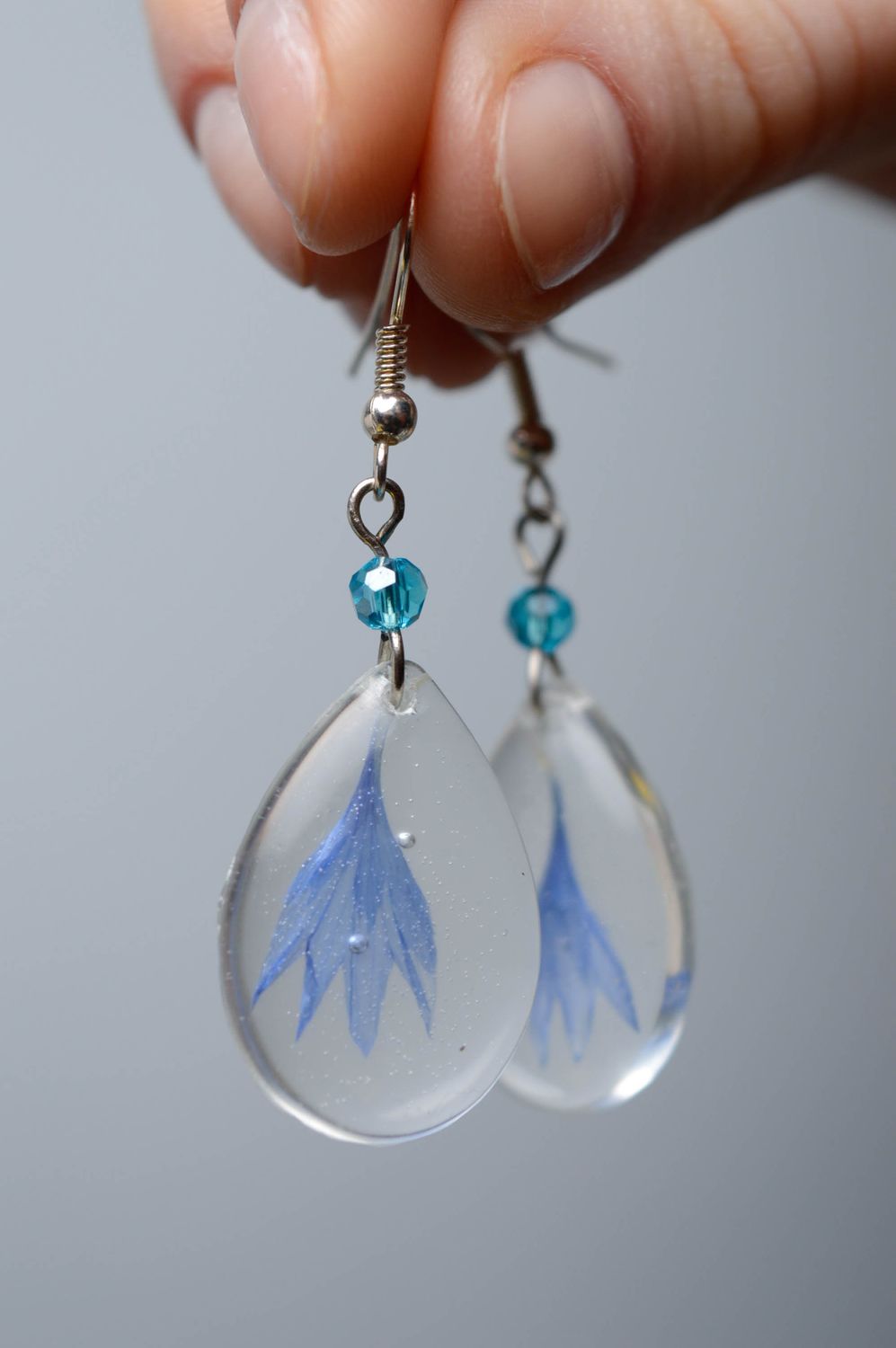 Long earrings with natural cornflowers photo 3