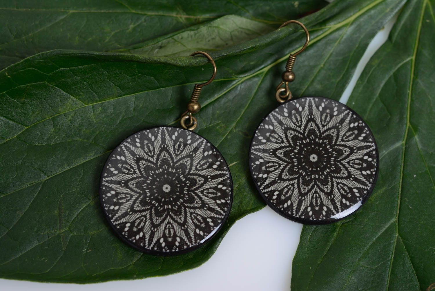Handmade round ornamented dark polymer clay dangling earrings with decoupage photo 3