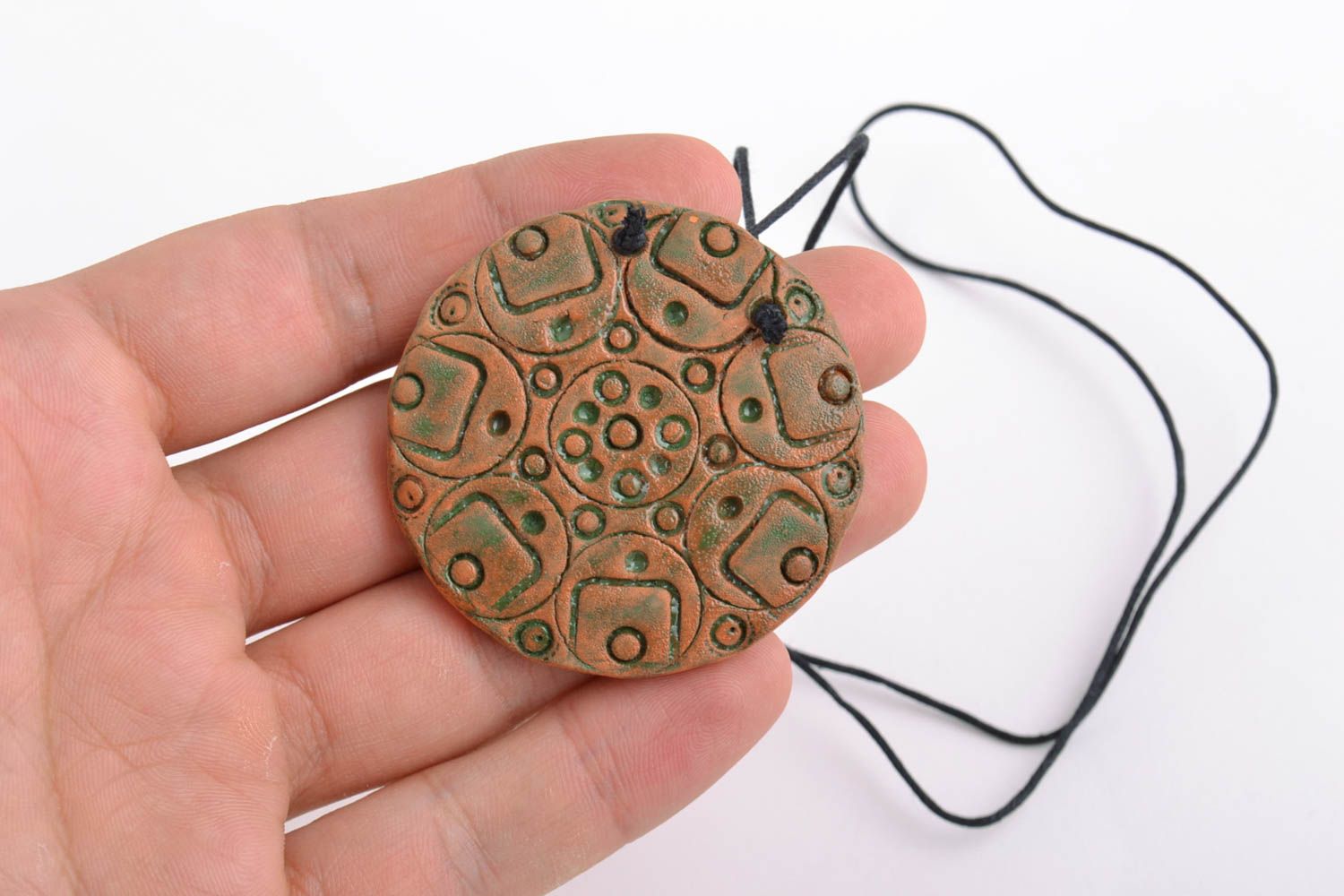 Handmade pendant made of red clay with unusual design stylish accessory photo 2