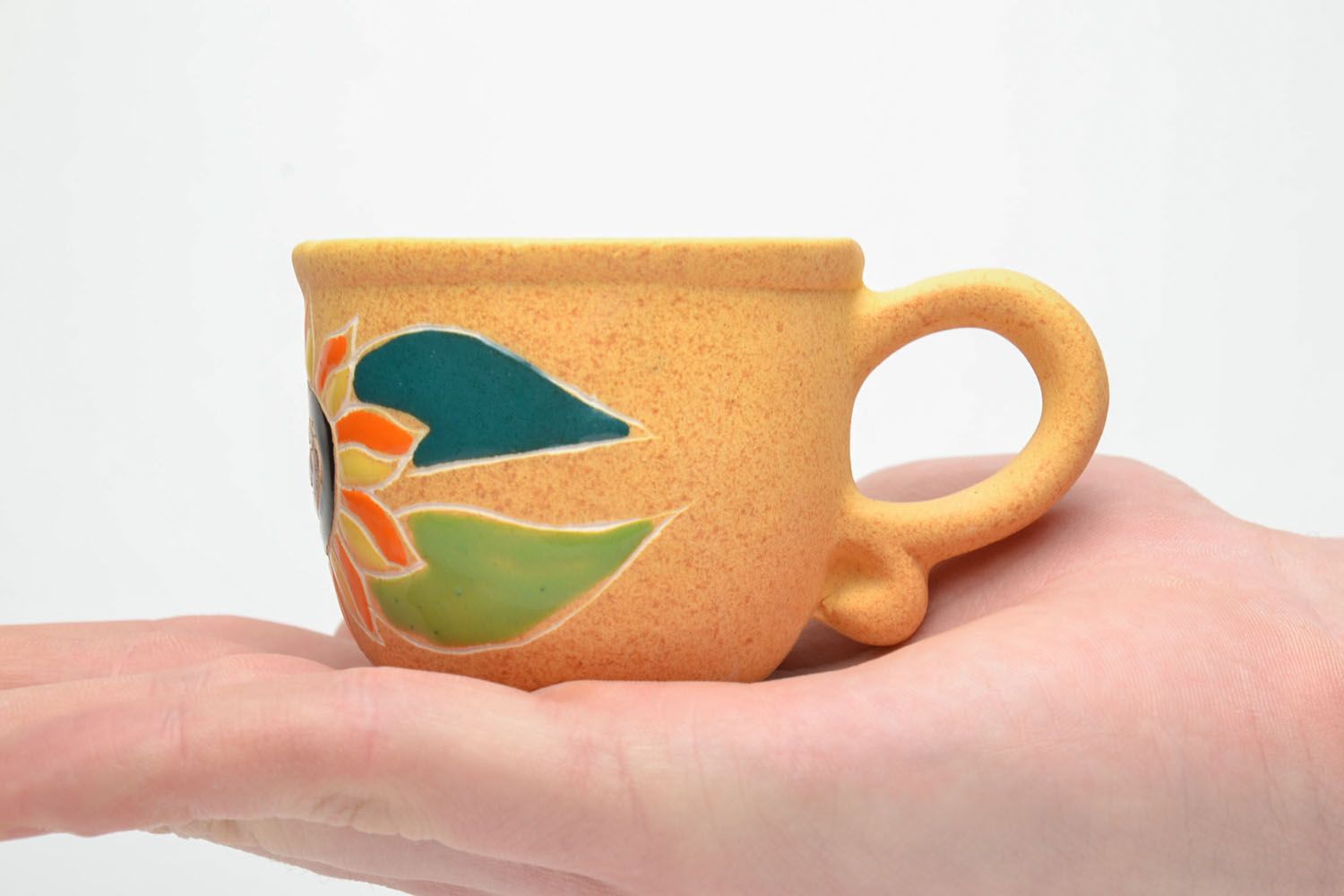Yellow color clay small 3 oz coffee cup with handle and floral sunflower pattern photo 5