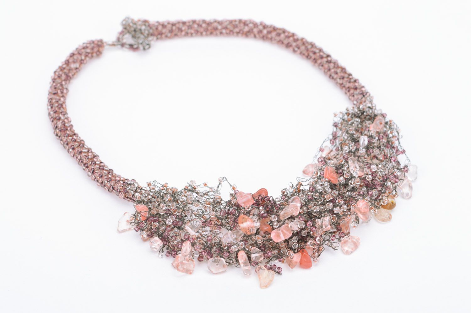 Unusual airy woven Czech and pink coral bead necklace for women photo 1