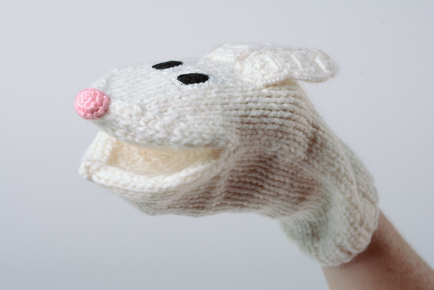 Cute handmade hand puppet knitted of acrylic and woolen threads white rabbit photo 2