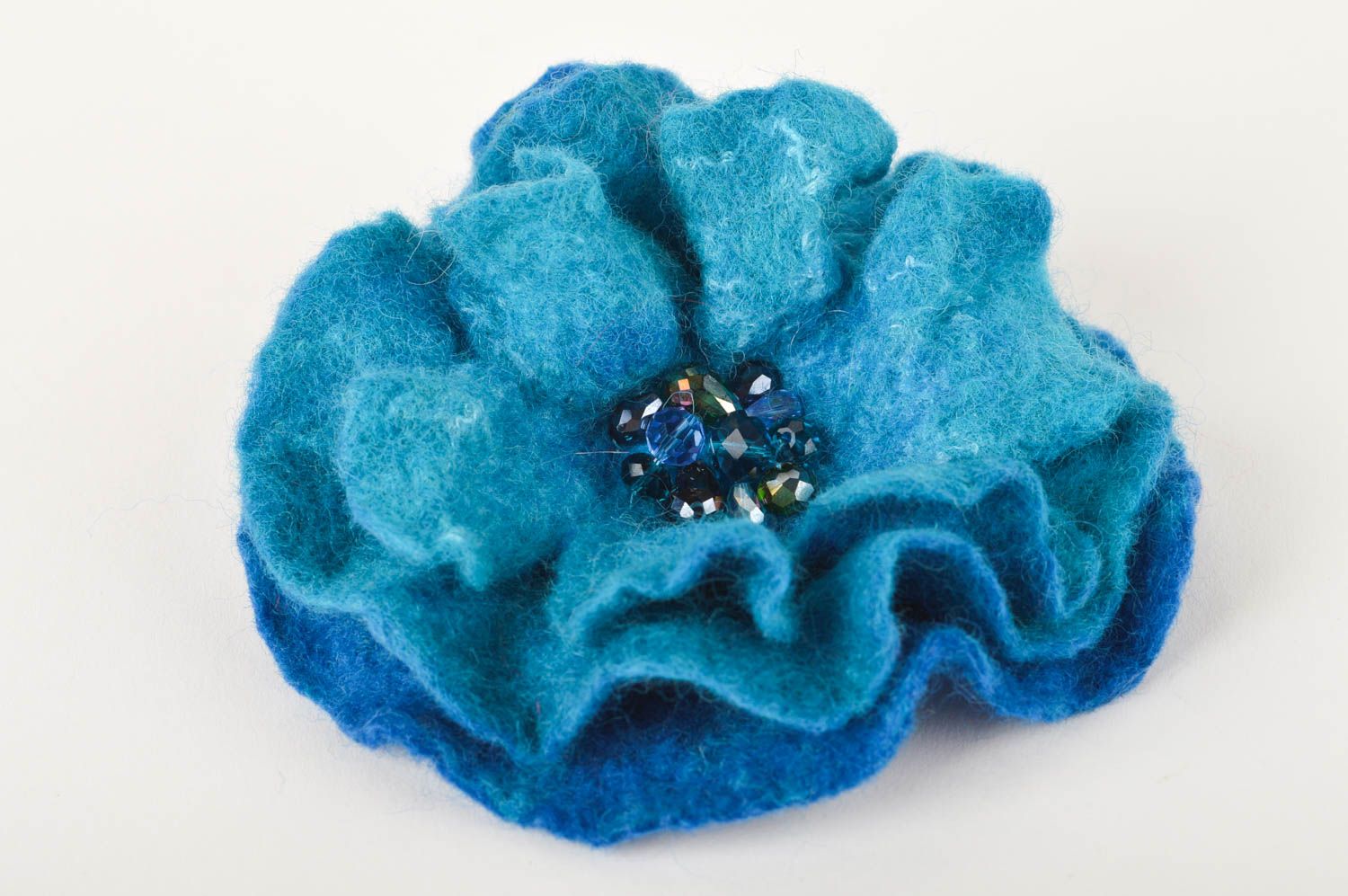 Broche Barrette fleur faite main grande bleue en laine feutrée Accessoire femme photo 2