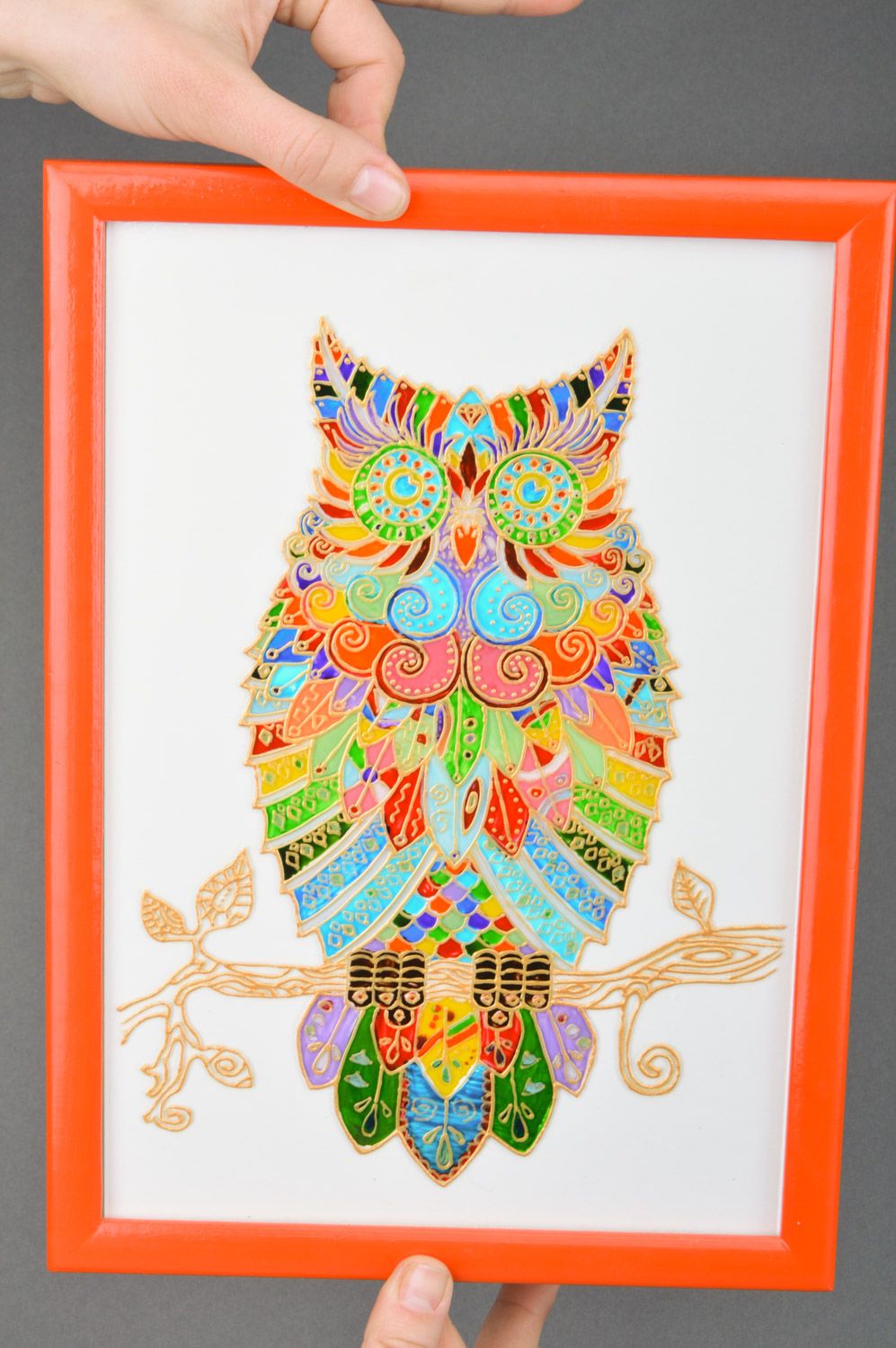 Стеклянная картина с витражной росписью в раме ручная работа Разноцветная сова фото 5