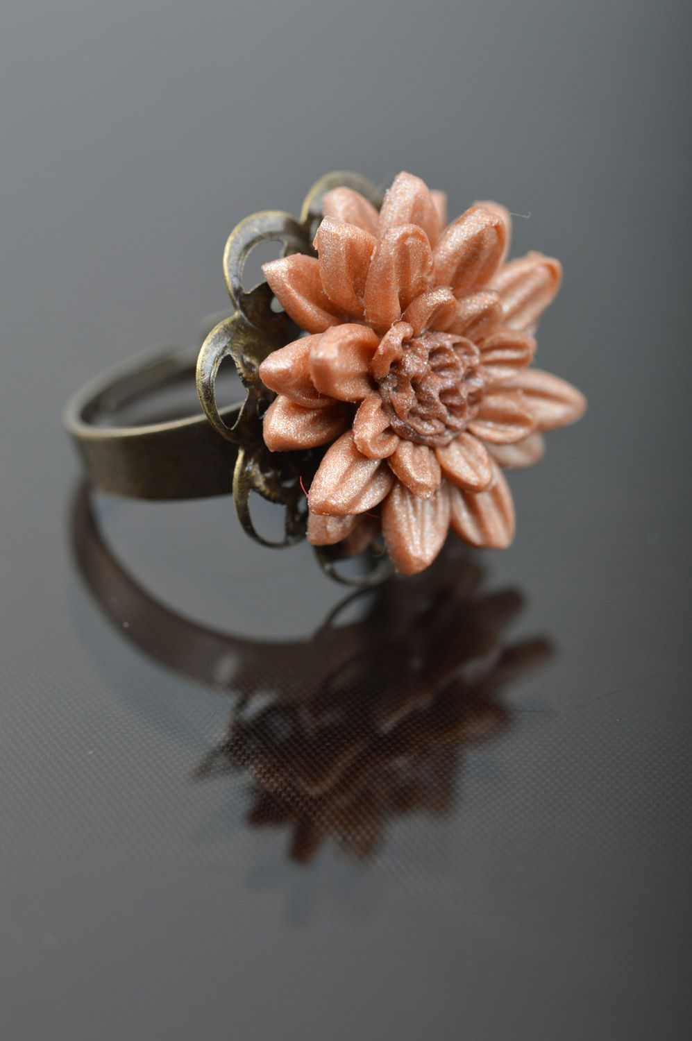 Tender beautiful handmade ring with flower molded of polymer clay for women photo 5