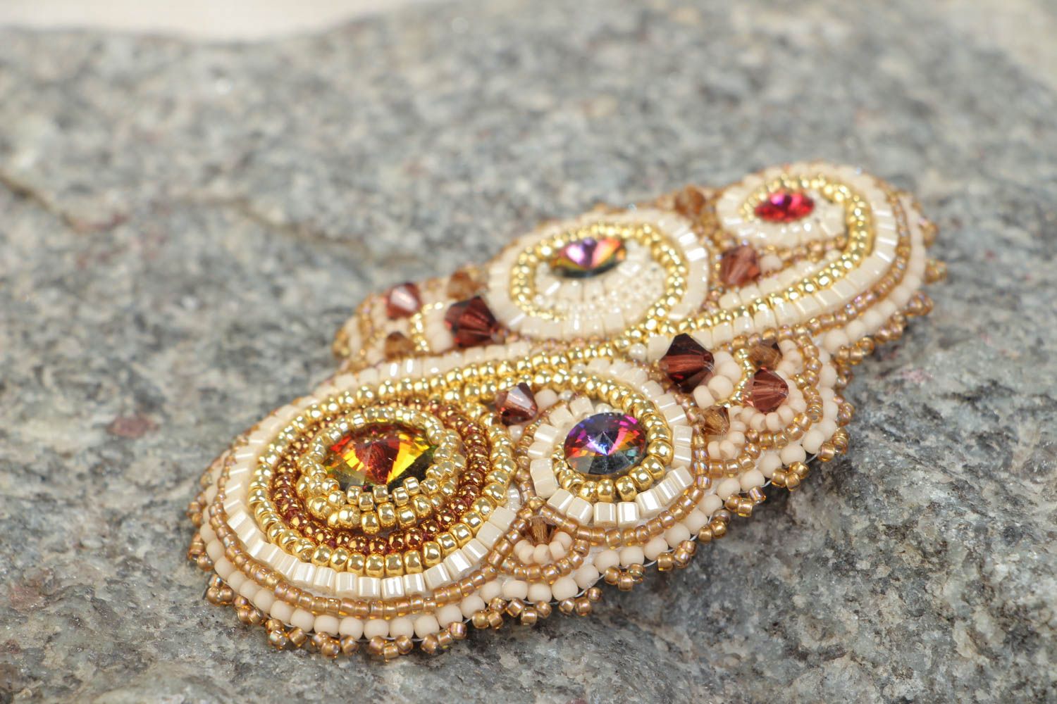 Handmade brooch embroidered with beads and crystals in golden color palette photo 1