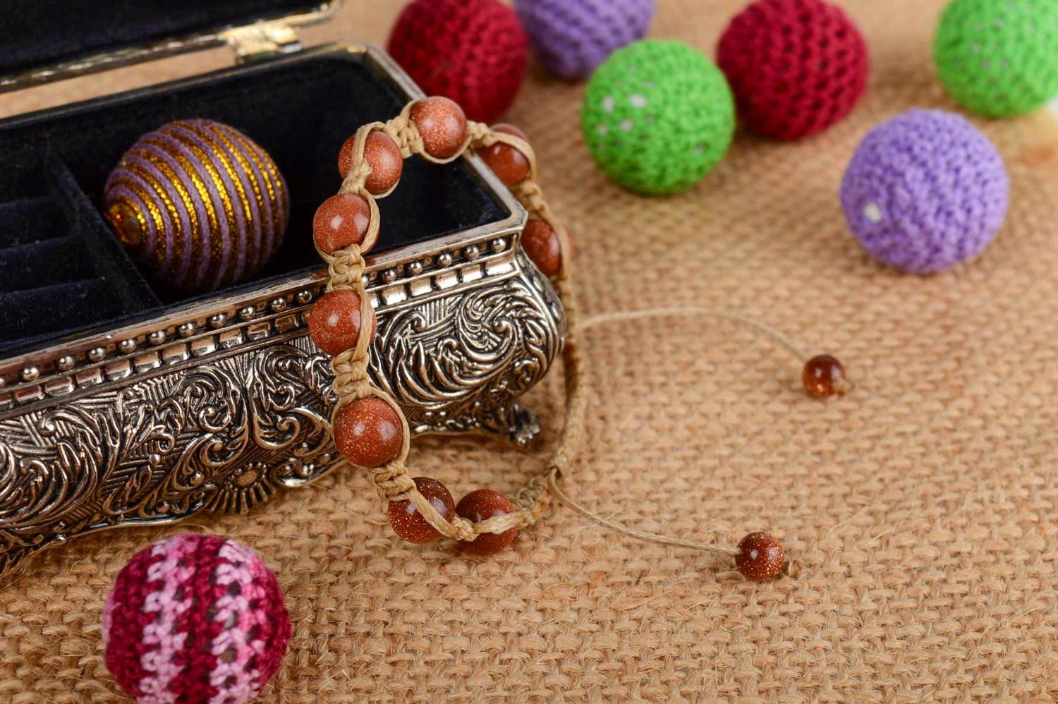 Beautiful handmade designer brown macrame woven bracelet with natural stone photo 1