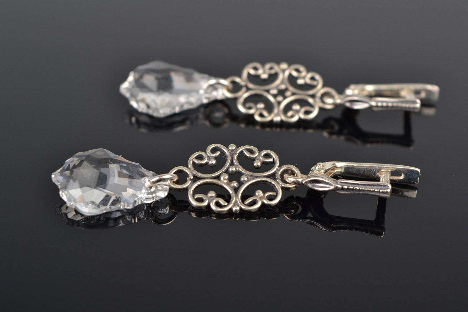 Transparent handmade designer long evening earrings with Austrian crystals photo 1