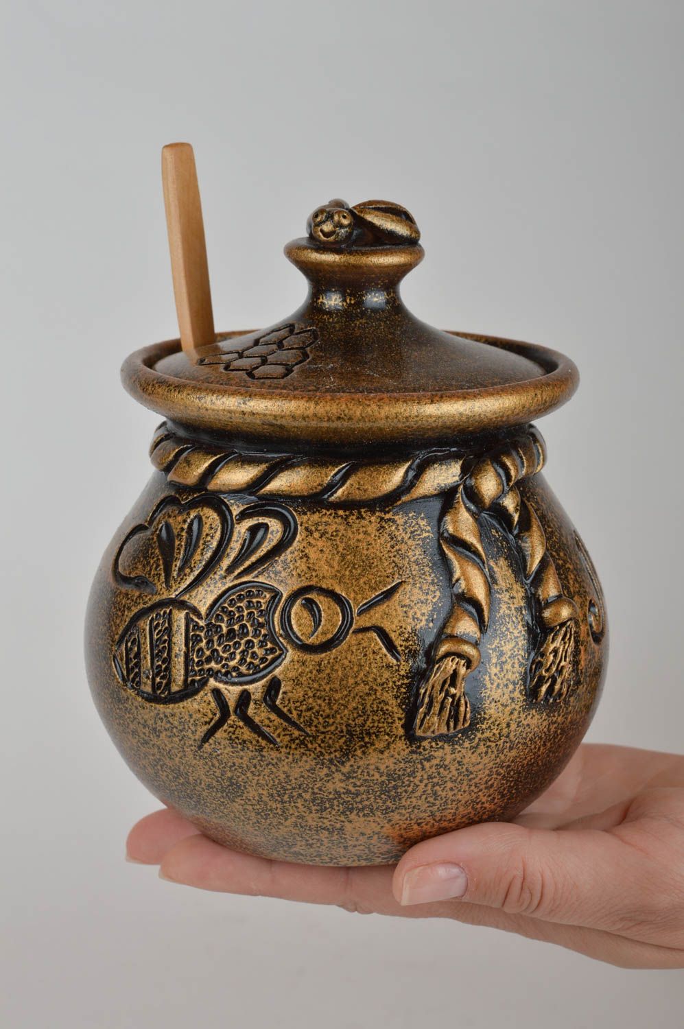 Pot à miel céramique avec couvercle fait main peint original 30 cl photo 3