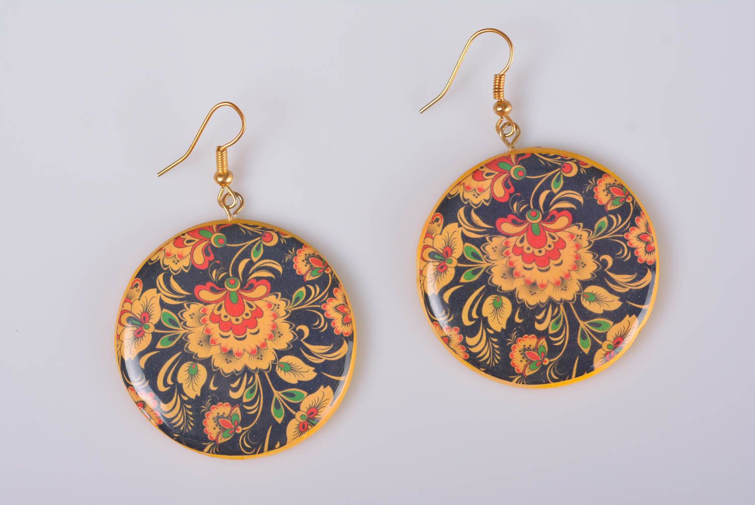 Round handmade earrings of epoxy resin with a print in decoupage technique photo 3