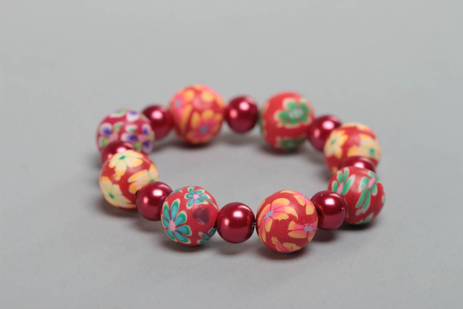 Handmade red polymer clay wrist bracelet for children beautiful designer jewelry photo 3