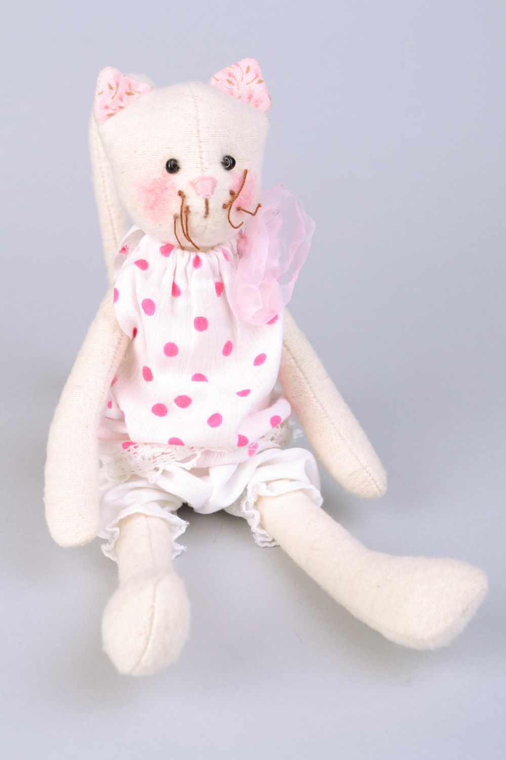 Handmade designer fabric soft toy white cat in polka dot clothing for children photo 1