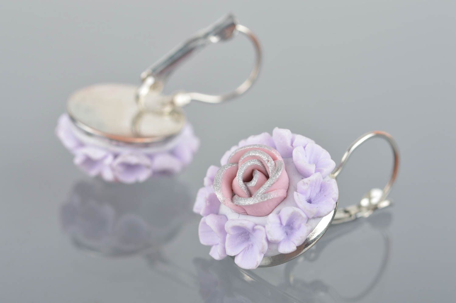 Delicate small earrings with polymer clay charms in the form of purple rose photo 5