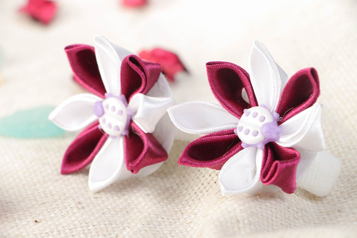 Beautiful white and claret handmade satin ribbon hair ties set with flowers 2 pieces photo 1