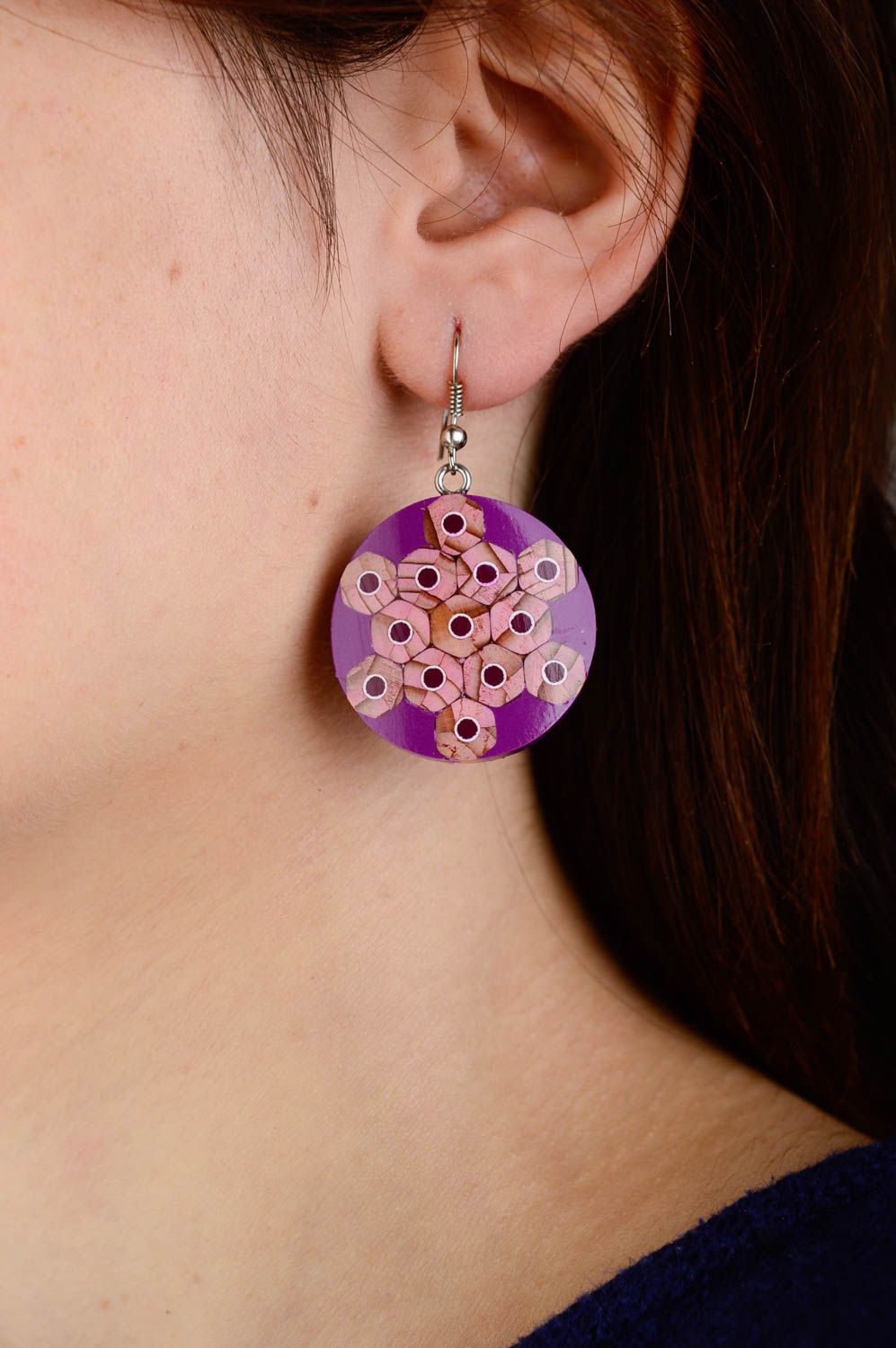 Boucles d'oreilles rondes Bijou fait main violettes design original Cadeau femme photo 2