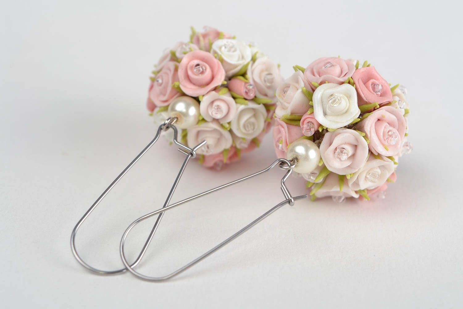 Beautiful tender fancy handmade long polymer clay lush roses bouquets earrings  photo 4
