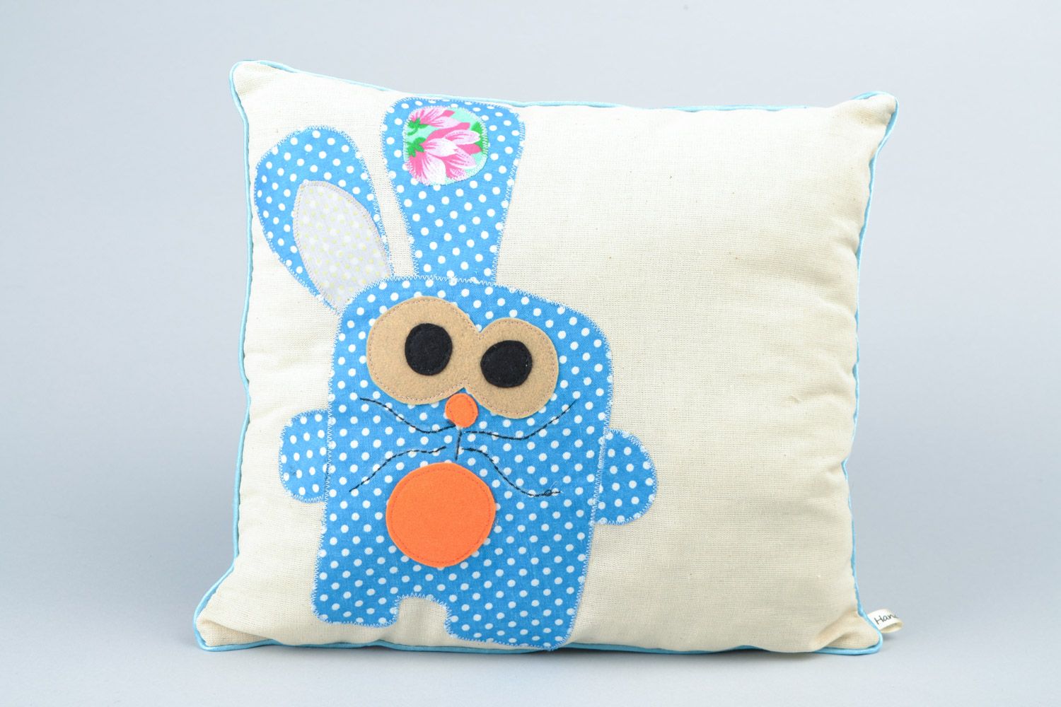 Handmade accent pillow sewn of cotton and linen with image of blue rabbit photo 1